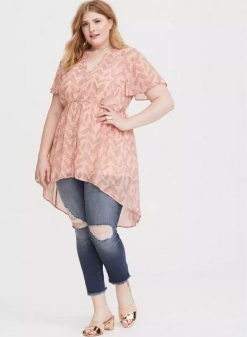 Torrid Pink Hi-Lo Lexie Babydoll Chiffon Feather Print Sheer Tunic Sz 10 M/L 00